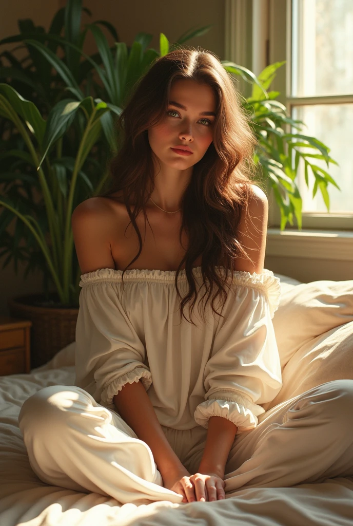 (photorealism:1.2), beautiful woman, sitting on bed, wearing loose off-shoulder top, pajama pants, long curly hair, indoors, soft lighting, plants in background, window with sunlight, cozy room, relaxed pose, realistic, intricate details, warm colors, by Greg Rutkowski, by Alphonse Mucha