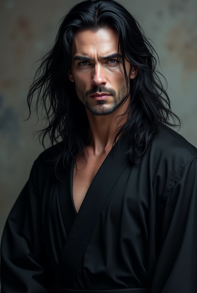 man. 40 ans. Longs cheveux noirs. Dressed in a black kimono. Dark purple eyes. charismatic. severe. skin white. Caucasian.