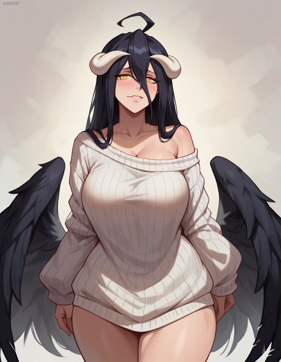 Albedo_overlord,black hair,curvy body,medium breast,big hips, wearing oversized sweater only, background removed,nsfw.
