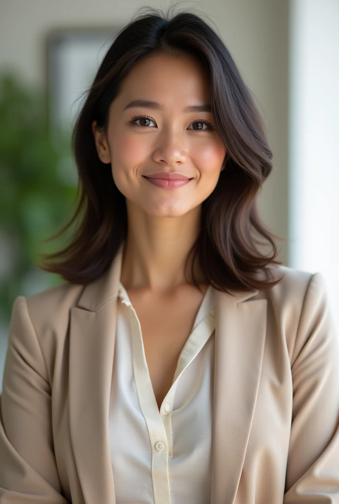 Create a realistic portrait of a 30-year-old female nutritionist with shoulder-length dark brown hair and warm, friendly eyes. She has a professional yet approachable appearance, wearing a light blouse with a blazer in a soft, neutral color. The background is a simple, bright indoor setting with a hint of greenery, suggesting a focus on health and wellness. The lighting is natural, bringing out her youthful energy and expertise in the field of nutrition.