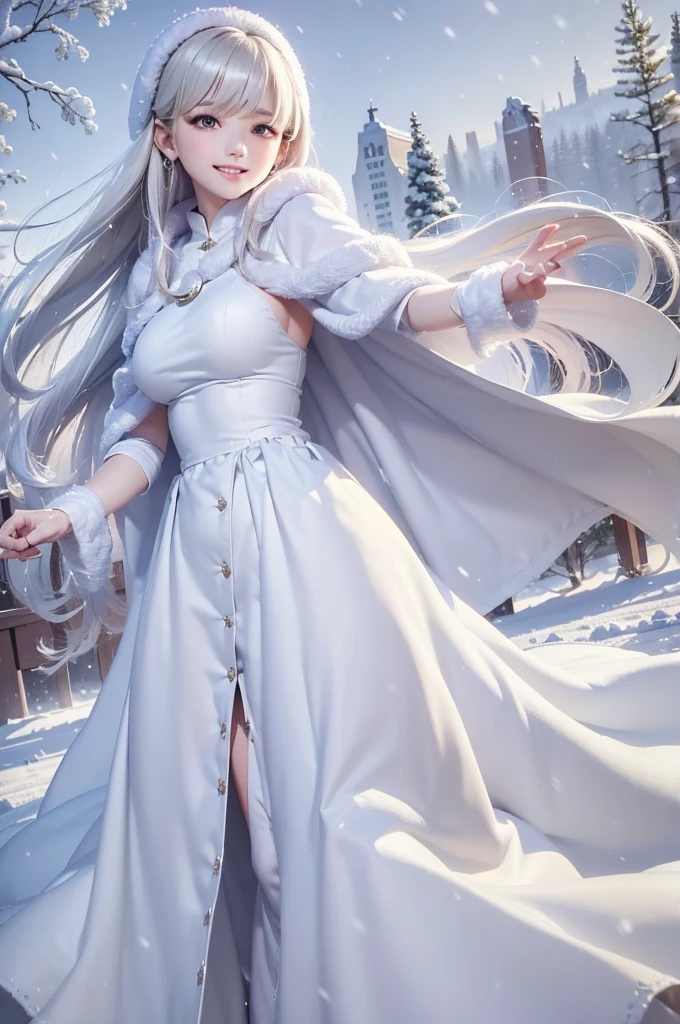 masterpiece、Highest quality、1 girl, winter, platinum blonde hair, Cute girl, smile, close mouse, medium breasts, sideboob:1.2, white dress, winter clothes, long skirt, Fur coat、Small waist、Thin legs、outdoors, front of the lake, snow falling, Prayer Pose, join hands, from backside:1.5