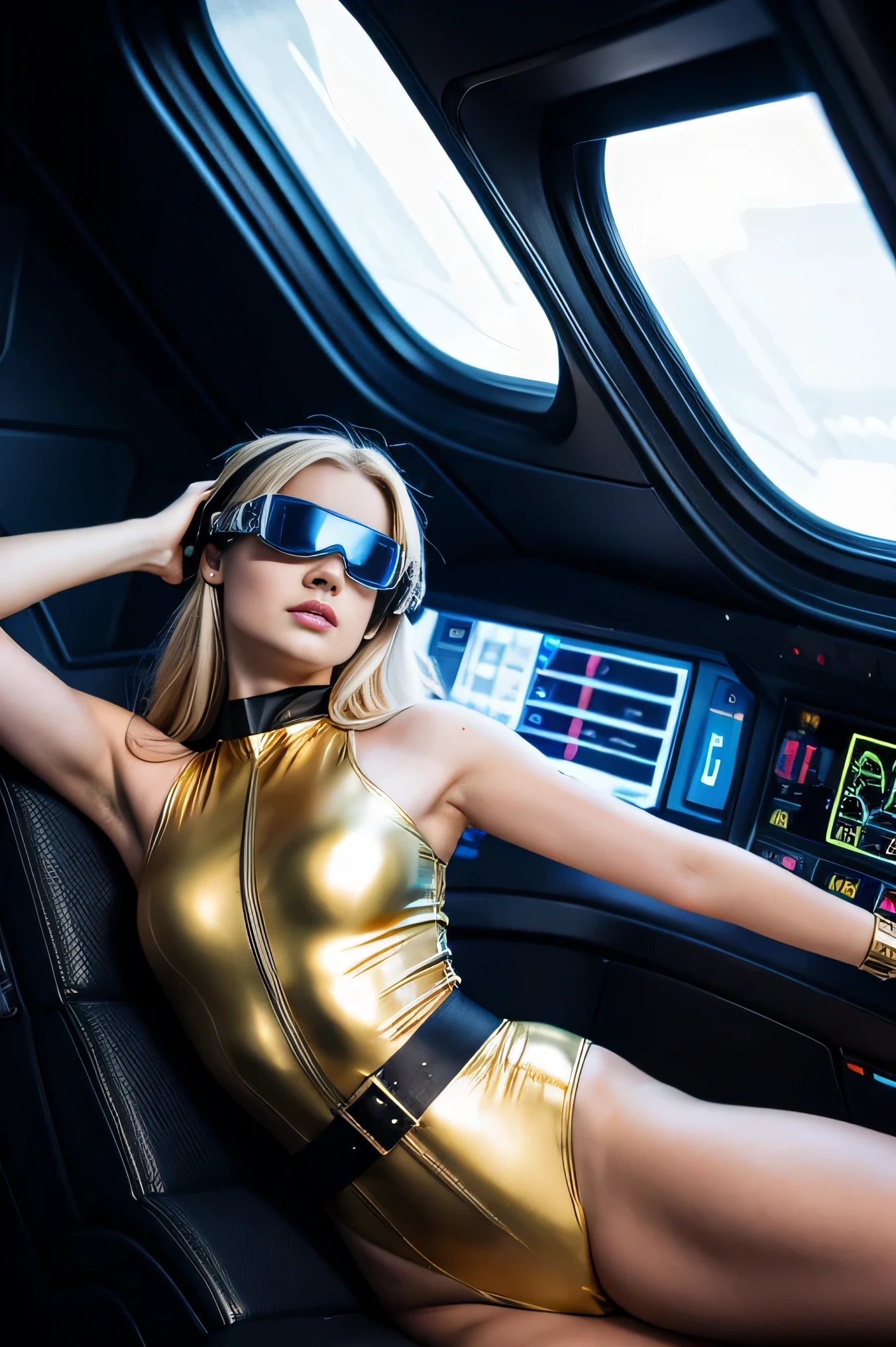Beautiful cybernetic blonde woman, 22 years old, wearing sleeveless metallic gold leotards, slumped over the controls of a spaceship, belt, in a cockpit, wearing futuristic goggles and headset, show full body, smoke is coming out of electronics, view from below