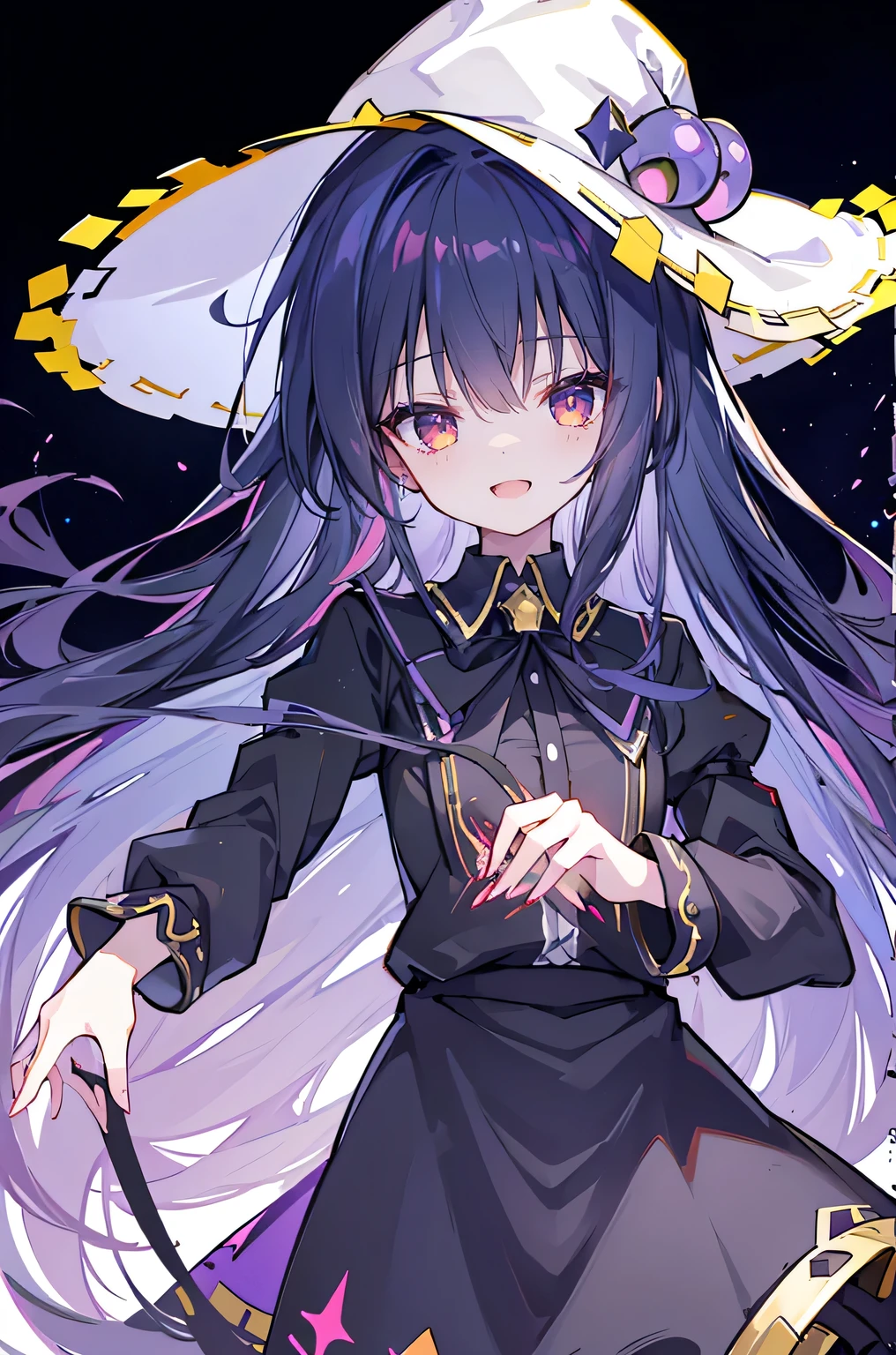 oung Girls,Humanity,A magician always smiles,big witch hat,cute,dark blue long hair,The eyes are dull,The bangs are heavy,Thin eyebrows,fantasy,intake,Double teeth,Star Theme,Constellation pattern,Solid color clothetal decoration,cloak,A bit of a dark atmosphere,A little crazy smile,When the big moon shines outside at night,blood,Hair black star embellishment,Short tie,No nails,High waist skirt,Bell sleeves,Long-sleeved shirt,Black tie,low risk,gentlemen。crap、Yellow and white effect，Shocking pink as an accent color,Starry sky background。