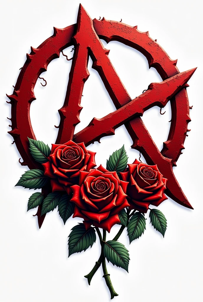 A logo with a red anarchic symbol with roses
