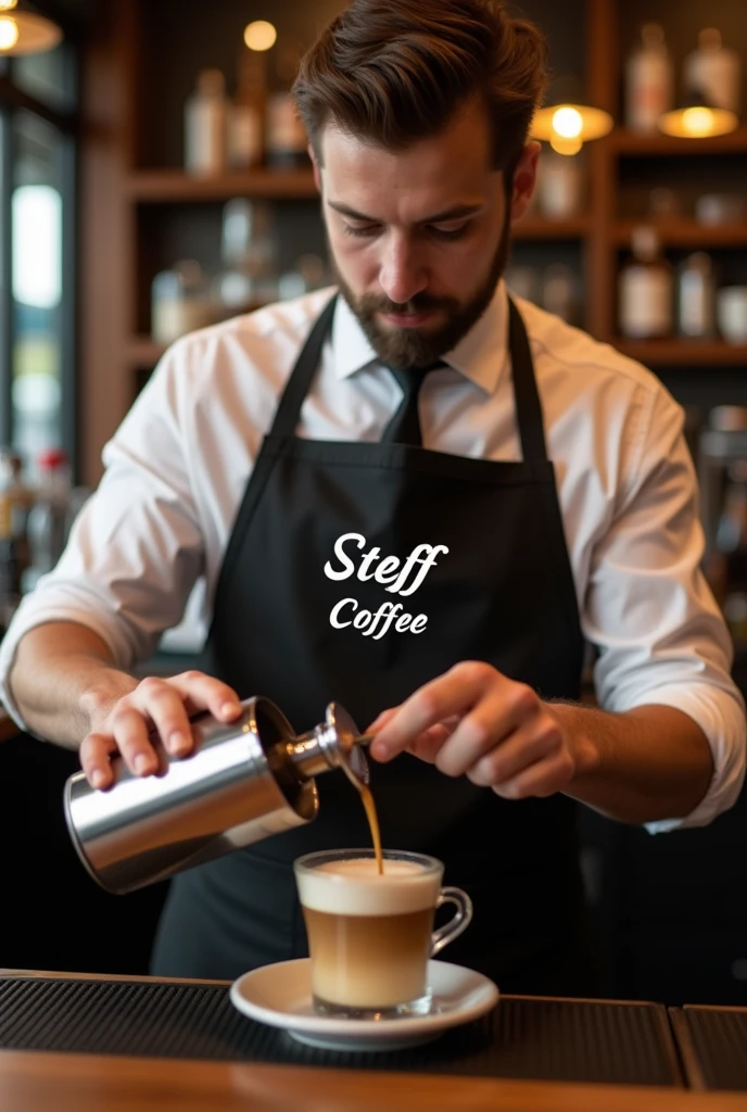 Make me a realistic and nice photo of a bartender preparing a coffee with the apron with the name Steff Coffe on it