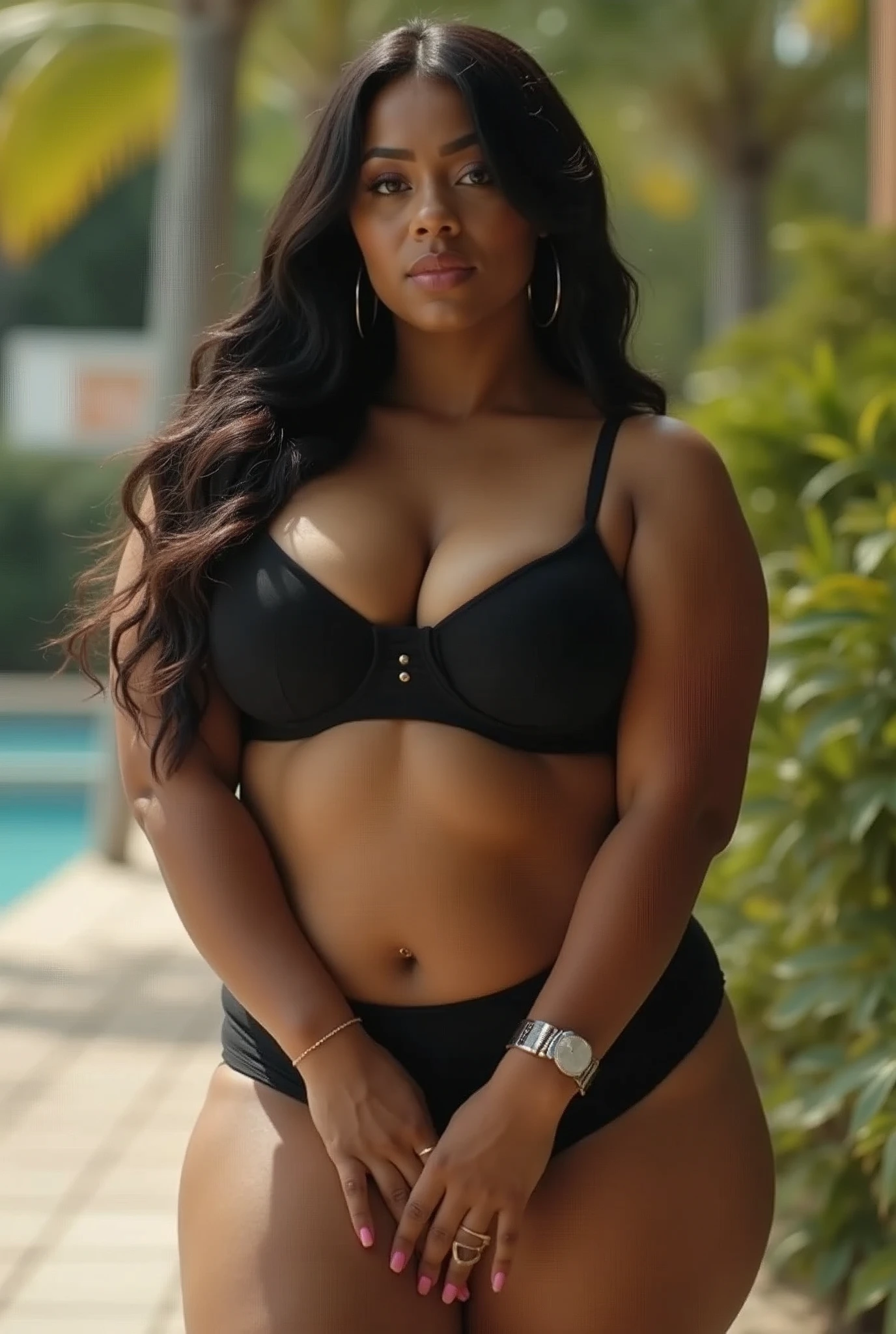  a woman padded different bra and pink, yellow shorts saree,big cheeks, curvy, hourglass figure, swooping breasts, deep cleavage, open arms, sexy armpits,big penis, nipples, ass, necklace, (cinematic:1.3), intricate details, (ArtStation:1.2),there is a woman in a bikini standing in a pool, dark skinned, maria borges, dark-skinned, the smooth black lioness, dark black skin, deep black skin, dark skin, black skin!!!, brown skinned, gorgeous figure, 2 4 year old female model, profile image, black young woman, poolside, ebony skin, young black woman,
