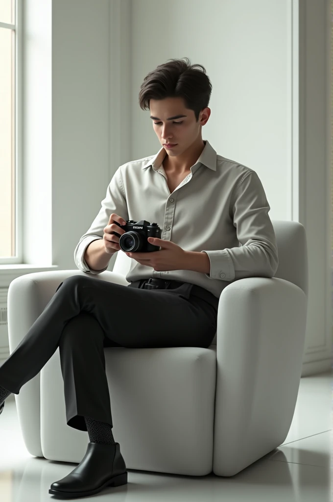 The character Joseph from the game Identity V is sitting on a white armchair and holding a camera.