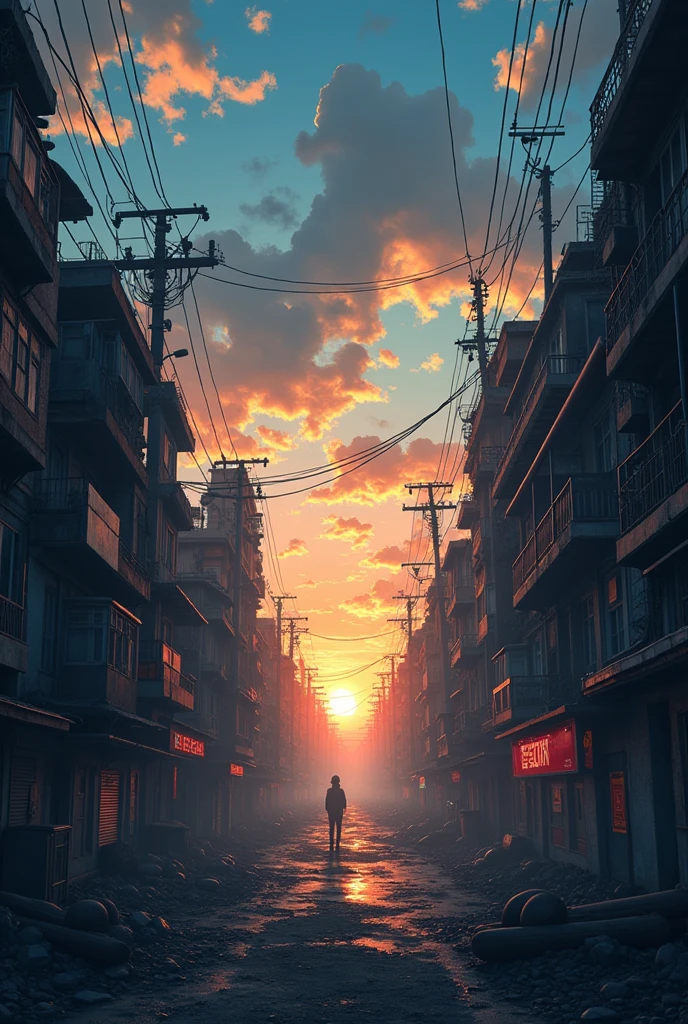 anime apocalyptic city background image.written New End in capital letters