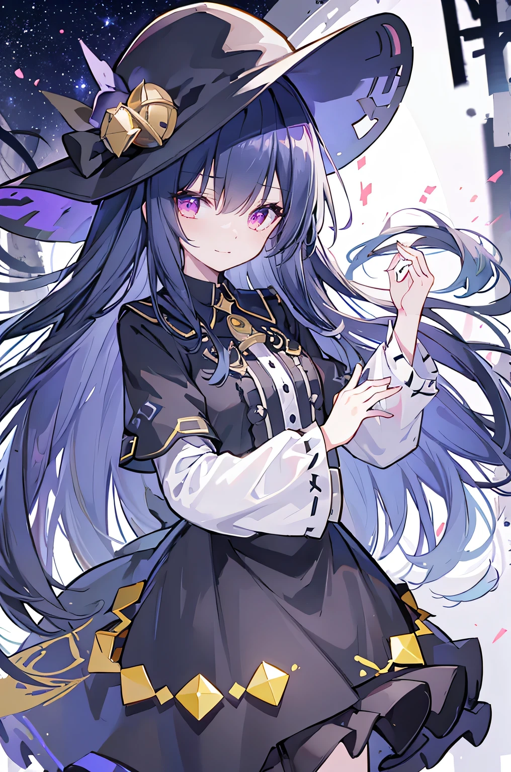 oung Girls,Humanity,A magician always smiles,big witch hat,cute,dark blue long hair,The eyes are dull,The bangs are heavy,Thin eyebrows,fantasy,intake,Double teeth,Star Theme,Constellation pattern,Solid color clothetal decoration,cloak,A bit of a dark atmosphere,A little crazy smile,When the big moon shines outside at night,blood,Hair black star embellishment,Short tie,No nails,High waist skirt,Bell sleeves,Long-sleeved shirt,Black tie,low risk,gentlemen。crap、Yellow and white effect,Shocking pink as an accent color,Starry sky background。