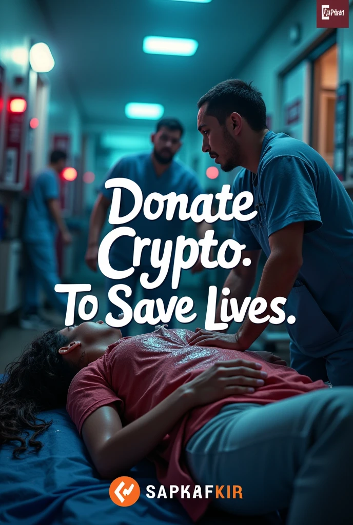 Photo use contain sentence " Donate Crypto. To Save Lives" and pic showing saving life
