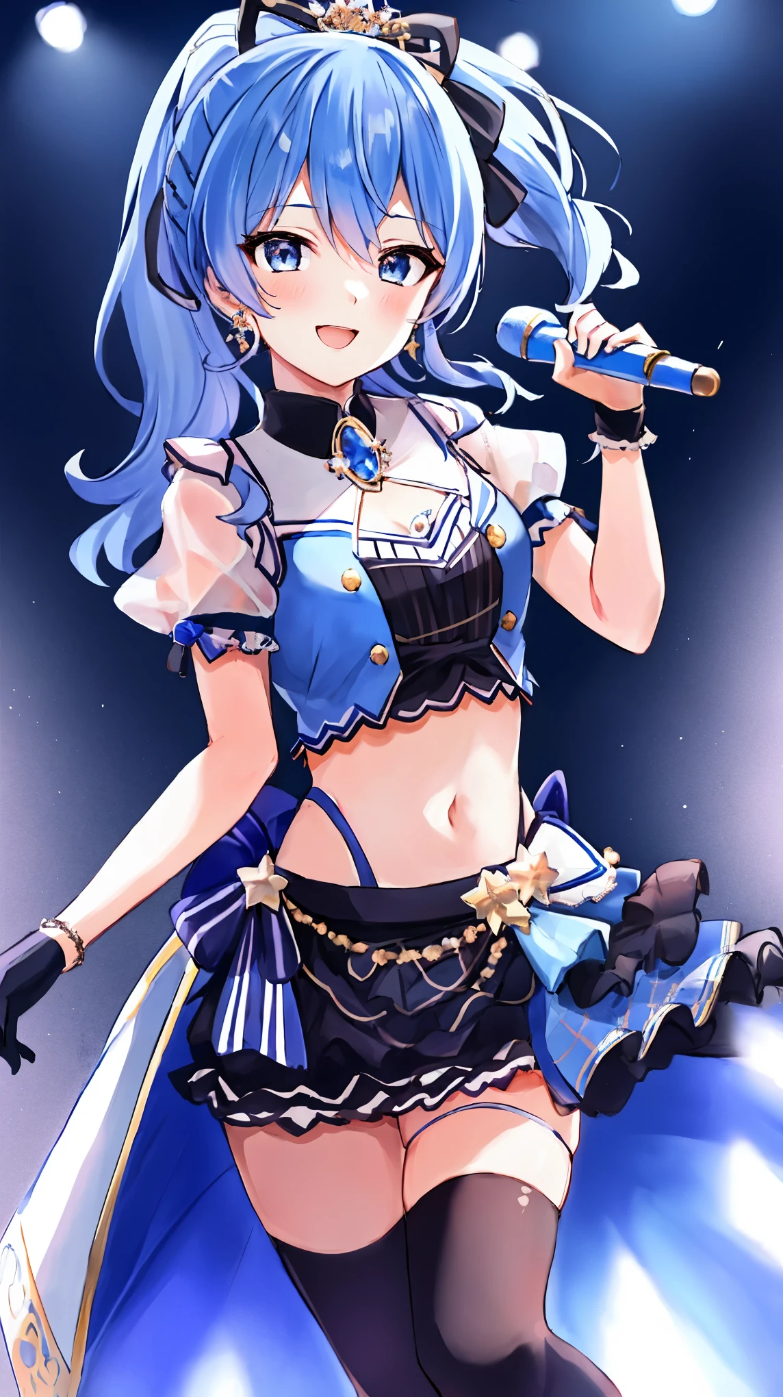 masterpiece, best quality, absurdres, 1girl, solo, Hoshimachi Suisei, light blue hair, blue eyes, happy, smile, parted lips, slender, sidelocks, ponytail, toned,
idol, idol clothes, hololive idol uniform, bowtie, blue skirt, brooch, dress, concert, on stage, frilled skirt, jewelry, layered dress, short sleeves, tiara, midriff, thighhighs,shout,(open_mouth:1.3),singing,(angry:0.6), (glare:0.6), idle_live,audience_landscape,light up_girl,solo,shiny_effects,smile。joy,happy,(slanted_eyes:1.3)