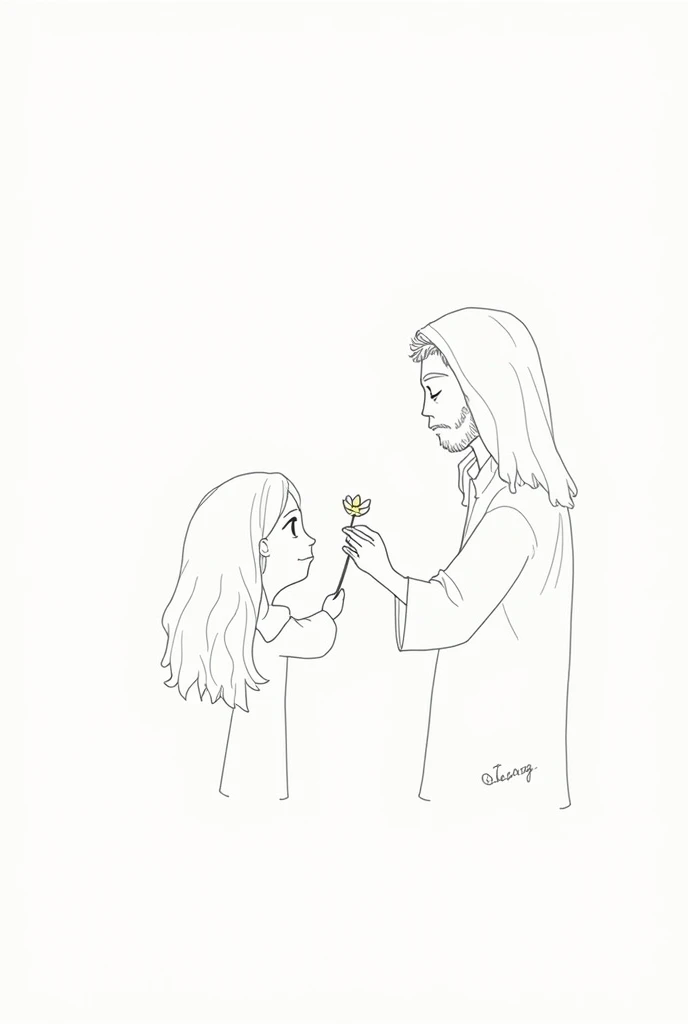 Create a simple image, a continuous line sketch, in which Jesus is with a teenage girl with long, curly hair and an angelic face, Jesus gives her a JASMINE FLOWER, conveying a feeling of care and tenderness. The image should be minimalist, focusing only on the silhouettes, without excessive realism, as if it were a drawing made with a single pen stroke. The composition should only show the upper part of the bodies., From the waist up, photo with embroidery pattern.