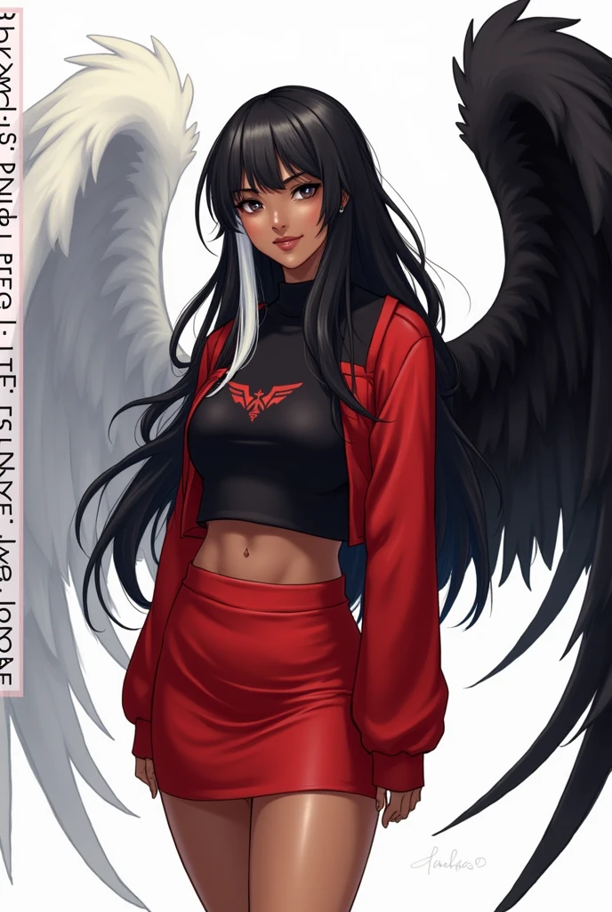 Light brown-skinned woman with long black hair and a white lock wearing a black shirt with a short red sweater that reaches above her waist and has a black logo on the sweater and a red skirt and has two-tone wings on her back, the right wing is completely black and the left wing is completely white and has the text on one part. "Angela Astartea" in large letters in a corner of the image