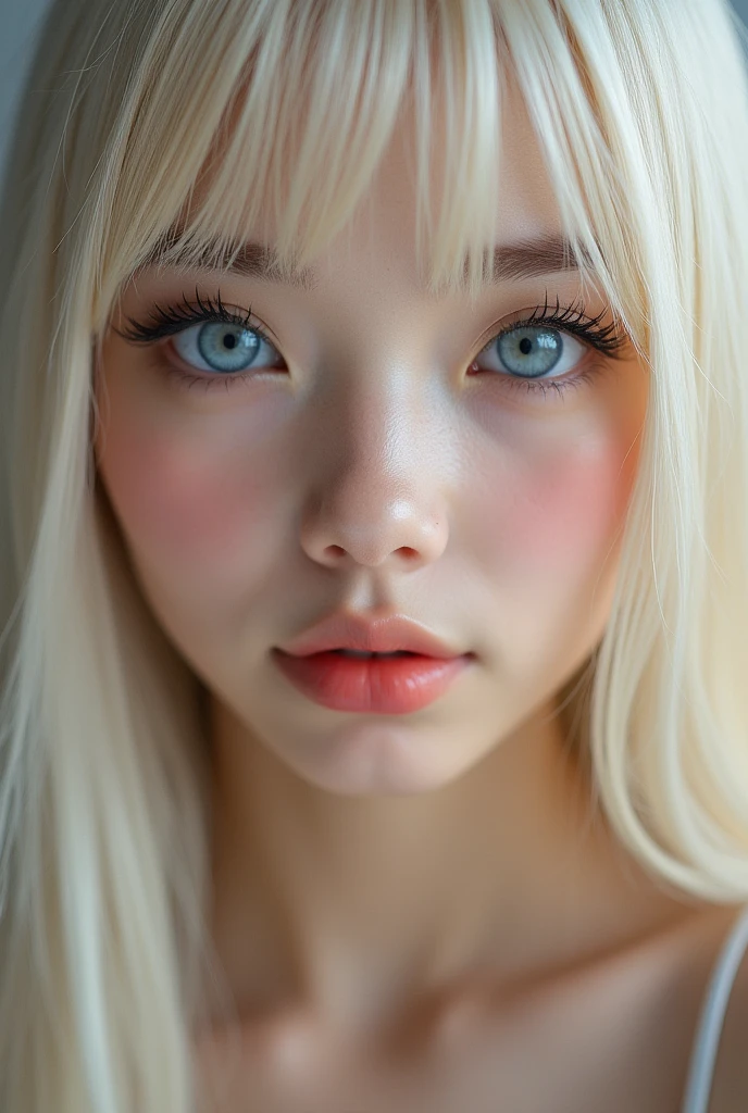 (a closeup:1.4)、(RAW shooting:1.2)、(Photorealsitic:1.4)、(​masterpiece:1.3)、(top-quality:1.4)、bright expression、extremely beautyful girl、Extraordinary beautiful girl、Detailed cute and beautiful face、Beautiful bangs、Glowing white shiny skin、facial hairs、Bangs that extend to the face、Bangs between the eyes、Super long hair、Attractive light and dark platinum blonde super long straight silky hainer hair、Attractive glowing beautiful bright clear light blue big eyes、Luxurious dresses、Double eyelids、Lush bust、The upper part of the body、