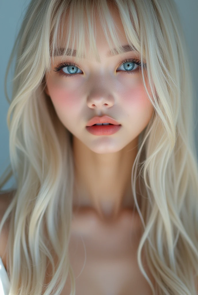(a closeup:1.4)、(RAW shooting:1.2)、(Photorealsitic:1.4)、(masterpiece:1.3)、(top-quality:1.4)、bright expression、extremely beautyful girl、Extraordinary beautiful girl、Detailed cute and beautiful face、Beautiful bangs、Glowing white shiny skin、facial hairs、Bangs that extend to the face、Bangs between the eyes、Super long hair、Attractive light and dark platinum blonde super long straight silky hainer hair、Attractive glowing beautiful bright clear light blue big eyes、Luxurious dresses、Double eyelids、Lush bust、The upper part of the body、