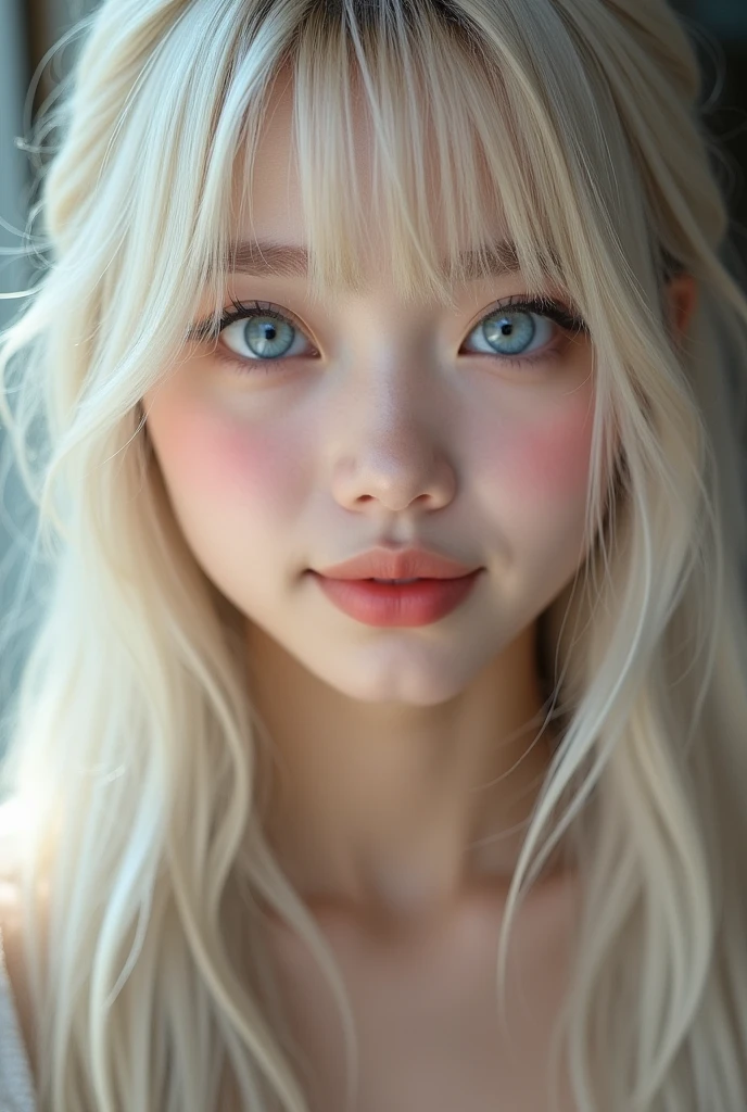 (a closeup:1.4)、(RAW shooting:1.2)、(Photorealsitic:1.4)、(masterpiece:1.3)、(top-quality:1.4)、bright expression、extremely beautyful girl、Extraordinary beautiful girl、Detailed cute and beautiful face、Beautiful bangs、Glowing white shiny skin、facial hairs、Bangs that extend to the face、Bangs between the eyes、Super long hair、Attractive light and dark platinum blonde super long straight silky hainer hair、Attractive glowing beautiful bright clear light blue big eyes、Luxurious dresses、Double eyelids、Lush bust、The upper part of the body、