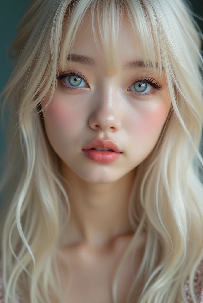 (a closeup:1.4)、(RAW shooting:1.2)、(Photorealsitic:1.4)、(​masterpiece:1.3)、(top-quality:1.4)、bright expression、extremely beautyful girl、Extraordinary beautiful girl、Detailed cute and beautiful face、Beautiful bangs、Glowing white shiny skin、facial hairs、Bangs that extend to the face、Bangs between the eyes、Super long hair、Attractive light and dark platinum blonde super long straight silky hainer hair、Attractive glowing beautiful bright clear light blue big eyes、Luxurious dresses、Double eyelids、Lush bust、The upper part of the body、