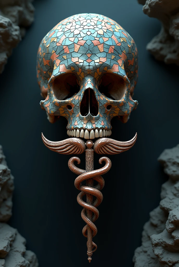 A mosaic skull, with a caduceus in front