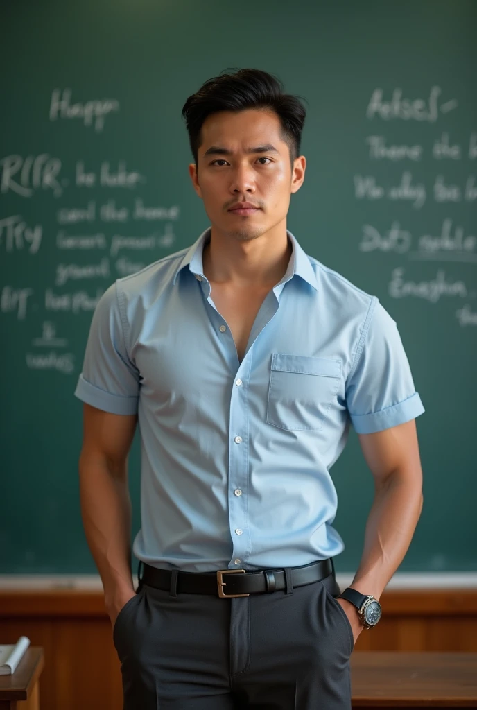 Vietnamese man, 30 years old, teacher,Handsome and elegant, Wearing a uniform, sexy , Masculine and handsome,musculous,Muscles look good, with fair skin,, Full body photo,(ultra-detailed, photorealistic, best quality, 4k, 8k, highres, masterpiece:1.3), a mature man, charming and distinguished , (muscular build body), wearing tailored shiny dress shirt, , perfectly fitted charcoal trousers, sweat, unbutton buttons shirt, lewd face ,tight chest, sex,See-through shirt, erotic, horny, , Accessories include a luxury wristwatch, in the Classroom,looking at viewer,muscle veins,no underwear ,Tight shirt makes muscle,unbutton,six pack,take off your shirt,
