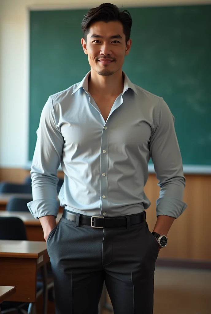 Vietnamese man, 30 years old, teacher,Handsome and elegant, Wearing a uniform, sexy , Masculine and handsome,musculous,Muscles look good, with fair skin,, Full body photo,(ultra-detailed, photorealistic, best quality, 4k, 8k, highres, masterpiece:1.3), a mature man, charming and distinguished , (muscular build body), wearing tailored shiny dress shirt, , perfectly fitted charcoal trousers, sweat, unbutton buttons shirt, lewd face ,tight chest, sex,See-through shirt, erotic, horny, , Accessories include a luxury wristwatch, in the Classroom,looking at viewer,muscle veins,no underwear ,Tight shirt makes muscle,unbutton,six pack,take off your shirt,