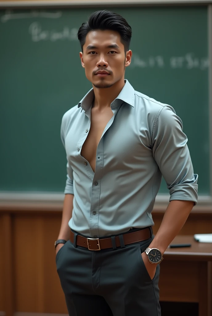 Vietnamese man, 30 years old, teacher,Handsome and elegant, Wearing a uniform, sexy , Masculine and handsome,musculous,Muscles look good, with fair skin,, Full body photo,(ultra-detailed, photorealistic, best quality, 4k, 8k, highres, masterpiece:1.3), a mature man, charming and distinguished , (muscular build body), wearing tailored shiny dress shirt, , perfectly fitted charcoal trousers, sweat, unbutton buttons shirt, lewd face ,tight chest, sex,See-through shirt, erotic, horny, , Accessories include a luxury wristwatch, in the Classroom,looking at viewer,muscle veins,no underwear ,Tight shirt makes muscle,unbutton,six pack,take off your shirt,