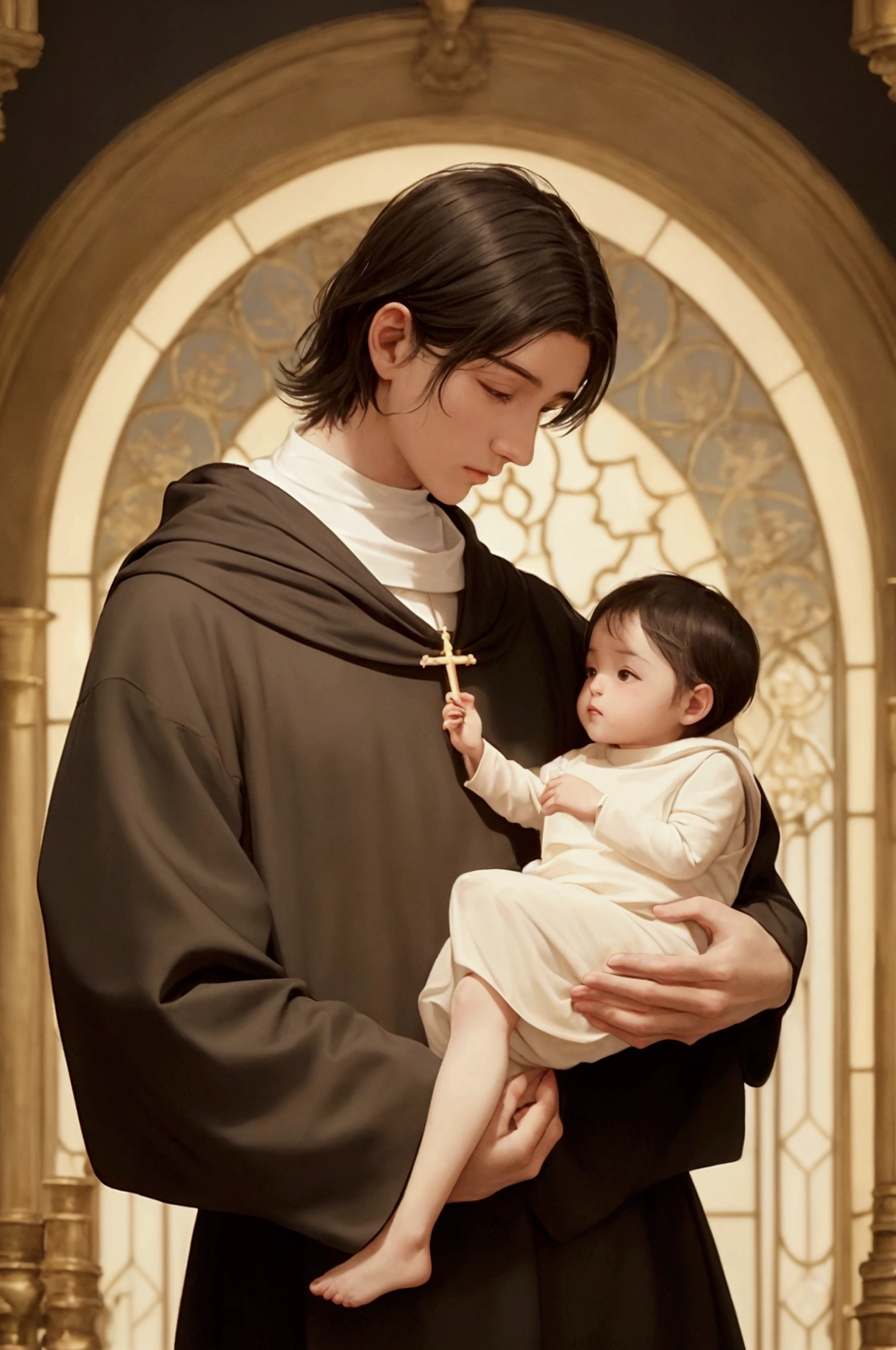 A modern depiction of Saint Anthony without hair, dressed in a simple brown Franciscan friar's tunic. He is holding the Baby Jesus in his arms, with a serene and compassionate expression. The absence of hair enhances your features, giving it a distinguished and venerable appearance. The background is minimalist, with soft tones and lighting that highlights your face and the softness of your expression. The aura around your head is subtle, but present, symbolizing his holiness in a current context. The image combines realism with a modern touch, maintaining the reverence associated with the figure of Saint Anthony.