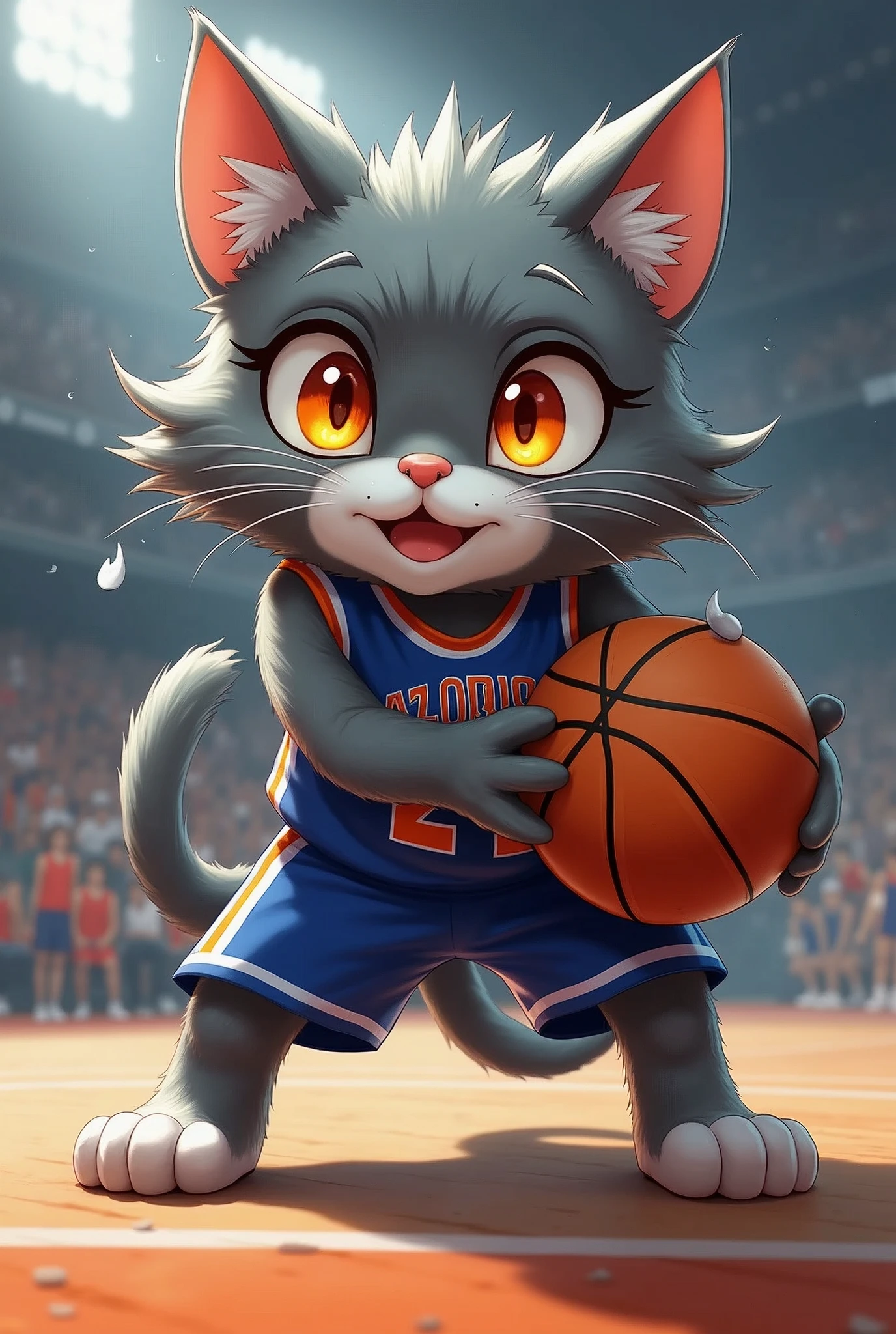 masterpiece, high quality, Absurd answer, number \(artwork\), by Dagasi, Yes,Seizan,(Fluffy fur:1.1),(bright:0.8),Anthropomorphic male cat. (Orange Eyes,Gray blue fur, Body hair, Cat nose:1.2), bright eyes,panoramic,character focus.Detailed background,(Basketball Jersey, Sweating,Dribbling, play basketball:1.2),(indoor, Basketball Court:1.2)