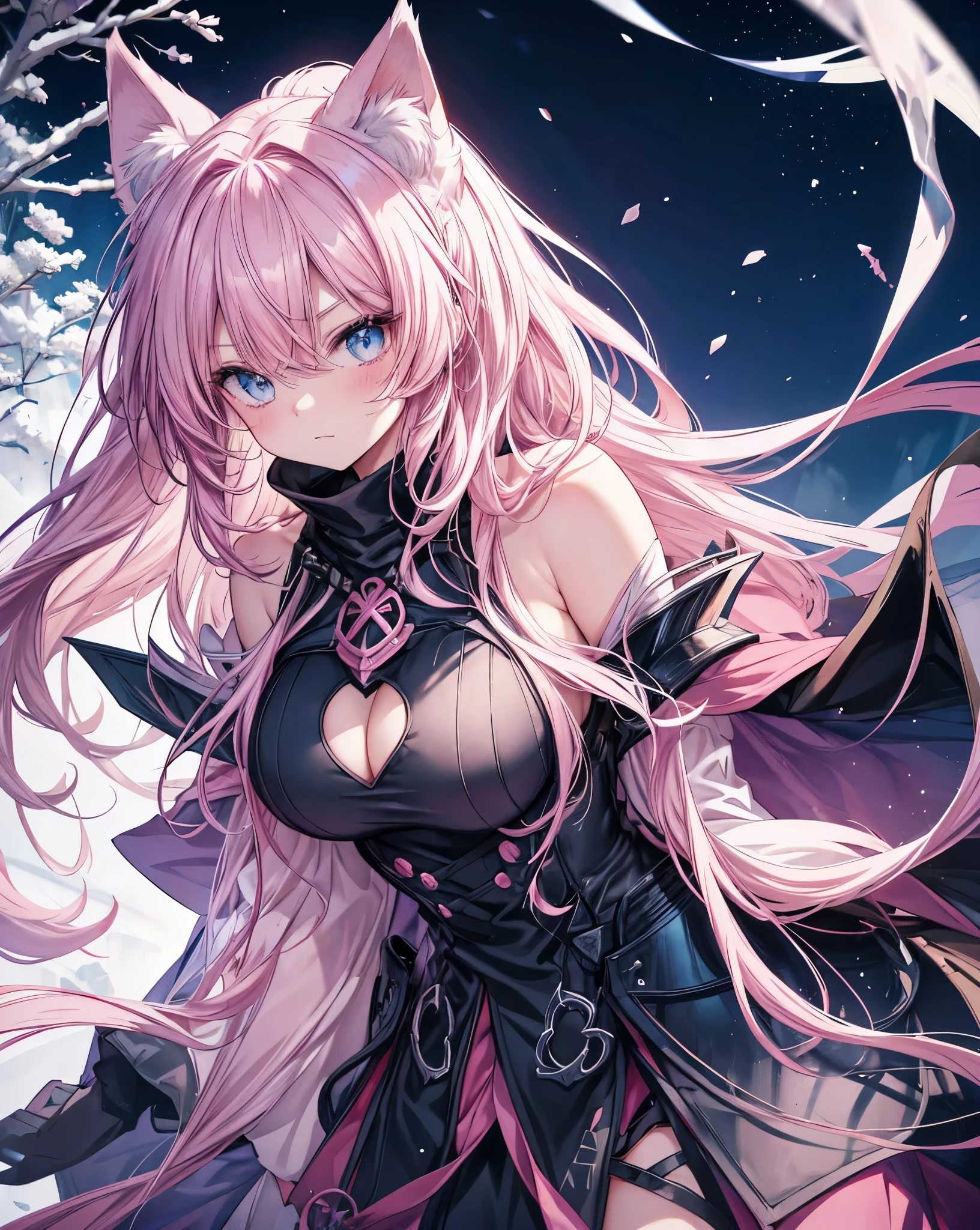 Eyes macro, Anime style war, serious style, 1nekogirl, pink_and_white_cat_ears, fox tail, limited palette, long Straight pink hair, detailed anime blue eyes.  She wear a black intricate war armour, Pink and black cloak . She has bare shoulders. They will fight on the Winter Forest. Dragon armour. 