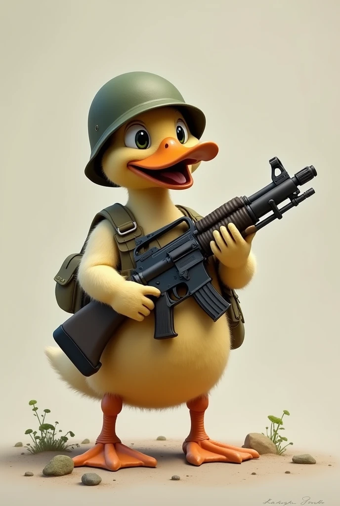 A duck with a machine gun saying hello what are you doing