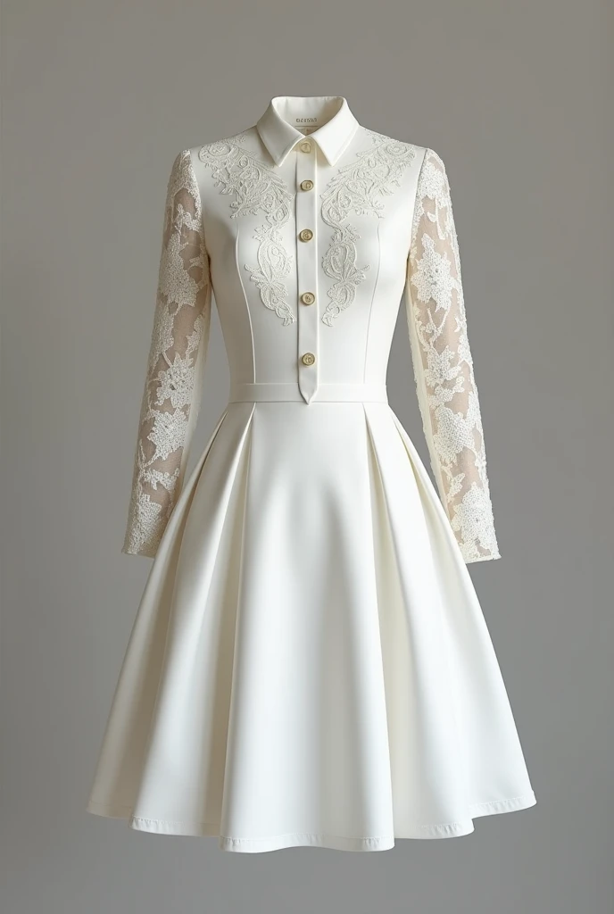 A white dress with a pleated petticoat at knee length, with buttons down the front, lace polo collar and long lace sleeves, that is elegant and modern
