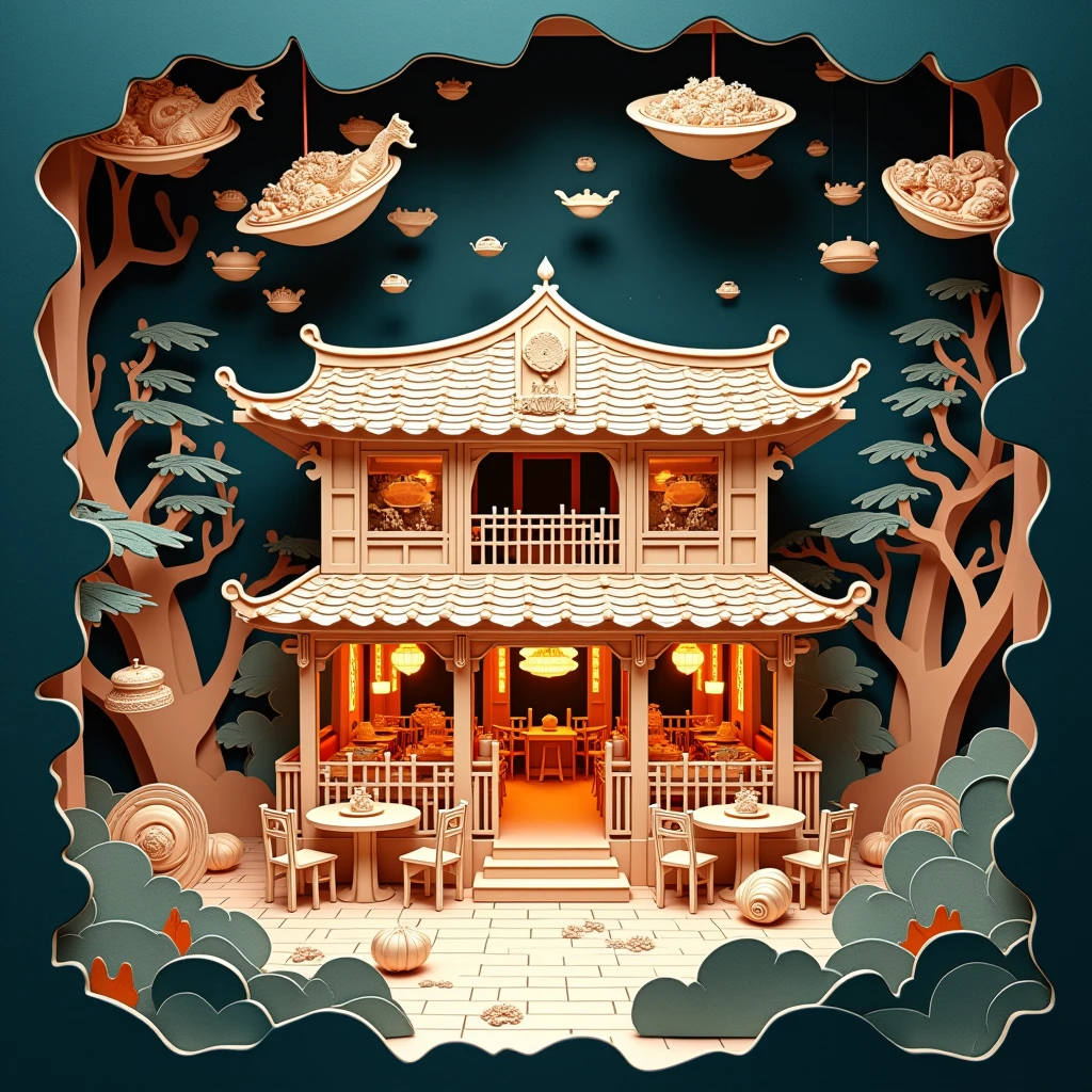 Papercut art. Kirigami. Origami. Illusion. A very detailed and intricate cutout of an ancient chinese restaurant with dishes of chinese food flowing, some monsters and trees flying around the dishes, mystery dark atmosphere at night, no human