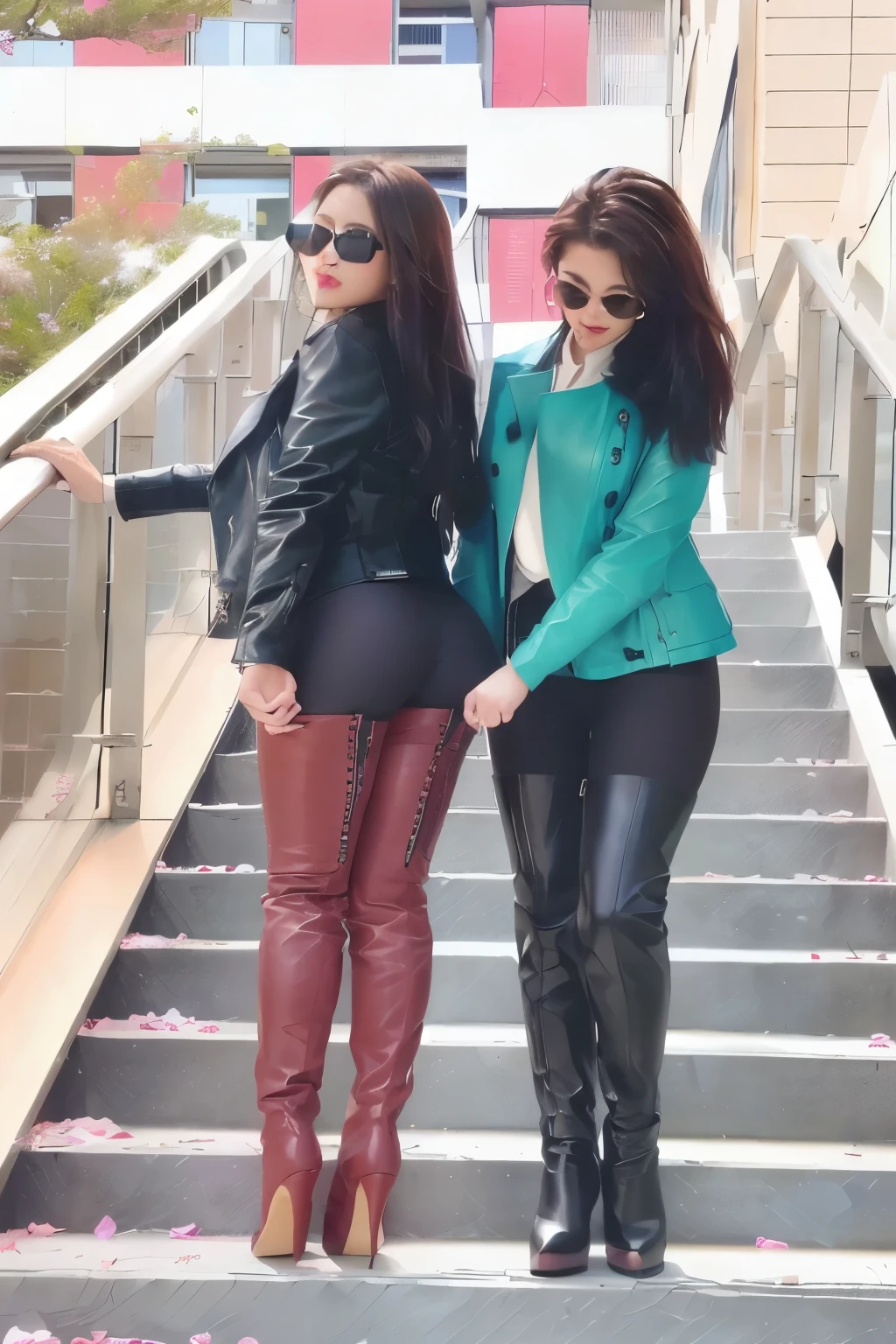 Two women wearing leather pants and jackets are walking down the stairs., tight clothes차림, Alena Anami and Lilia Alvarado, tight clothes, 검은색 tight clothes을 입고, Skin-tight leather clothes, tights; in the street, Wear simple, tight-fitting clothes, Very tall and slim, wearing a short leather jacket, Tall and slender, high boots