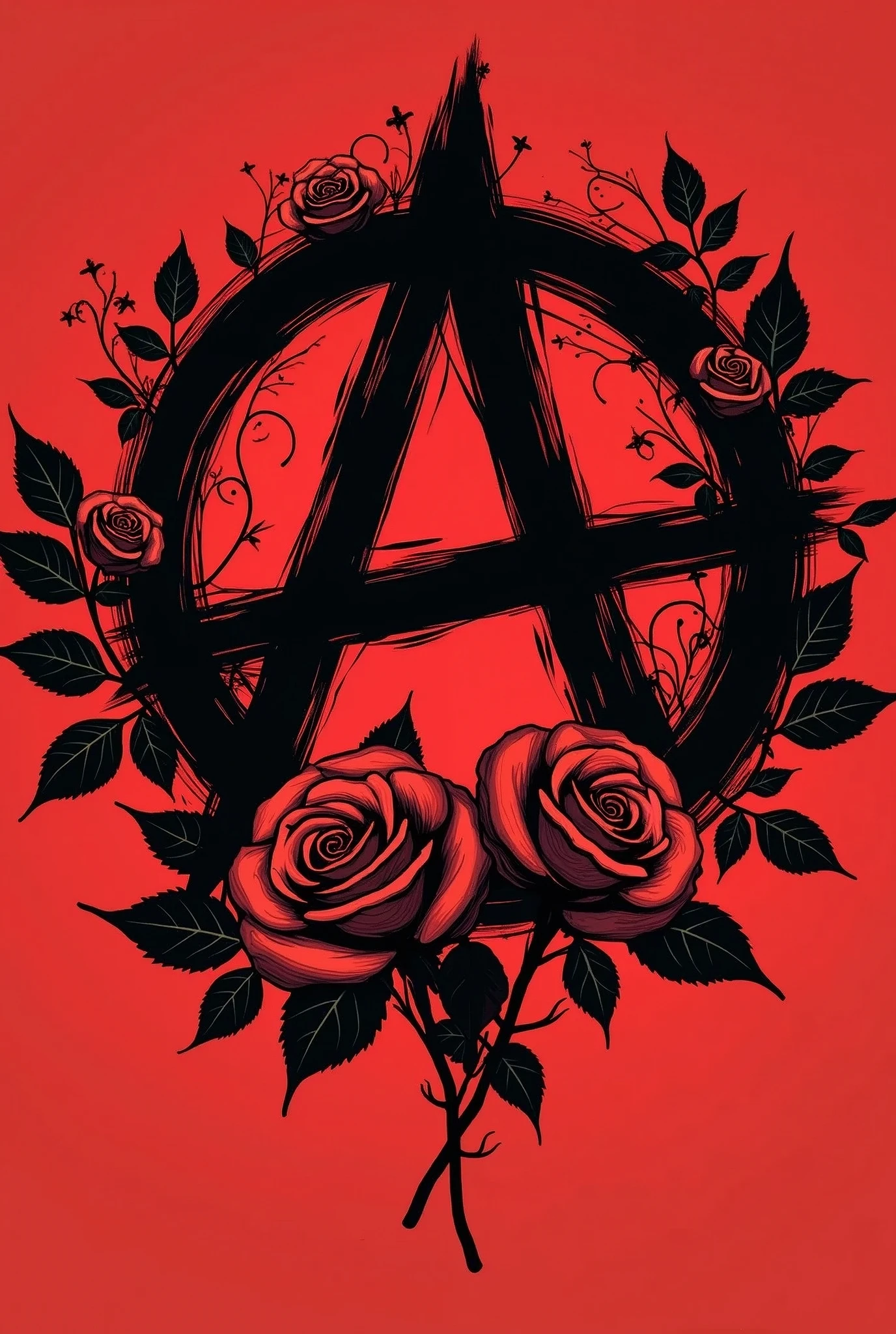 A logo with a red anarchic symbol with roses
