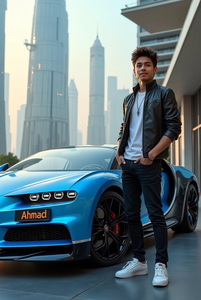 A teenager proudly poses next to a luxuries bughati and writen Ahmad on bughati name plate