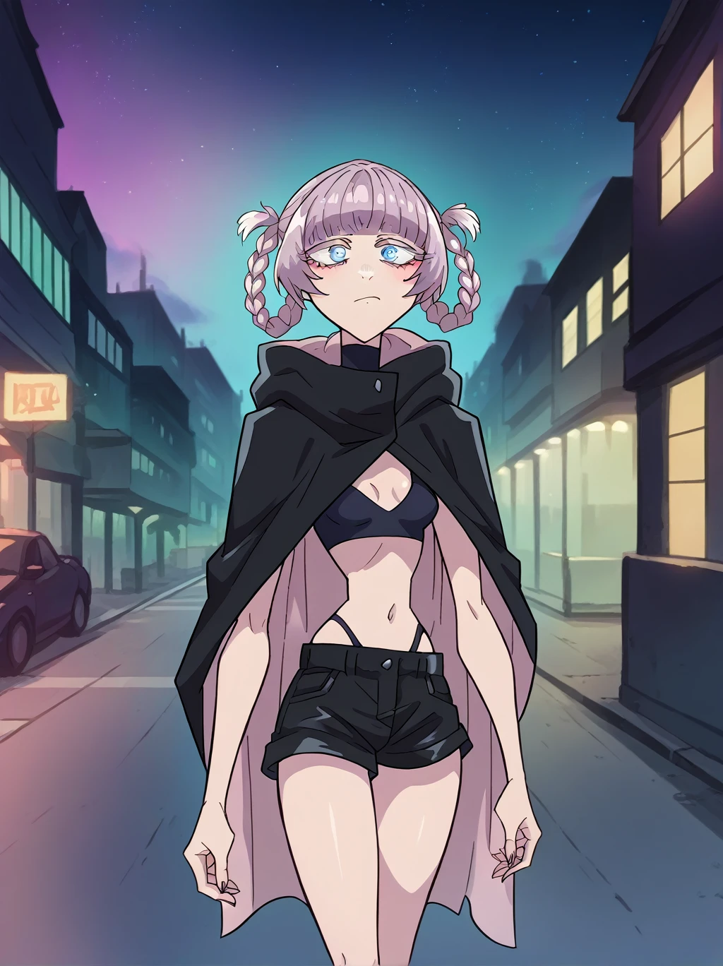 score_9, score_8_up, score_7_up, score_6_up, source_anime, nazunaxl,navel, hair rings, black cloak,long cloak, ringed eyes, small breasts, crop top, blue eyes, hooded cloak, short hair, purple hair, blunt bangs, black shorts, short shorts, braided hair rings, underwear, sleeveless turtleneck, walking alone in a dark street, night, view from far, vintage jazz city, purple illumination, urban.
