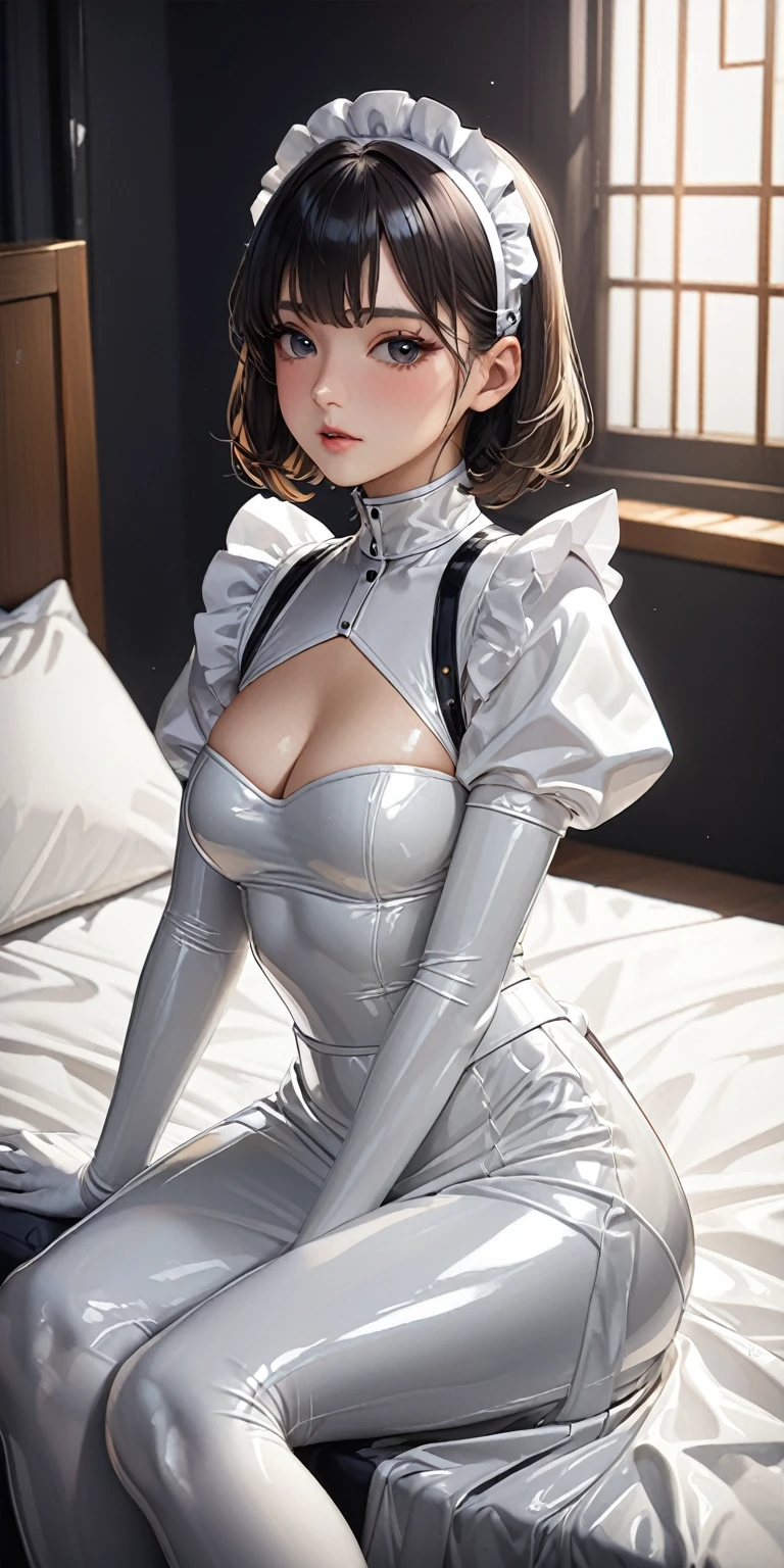 Portraiture、(masterpiece,Highest quality,Ultra-high resolution),Japanese women, Bob Hair、Maid Headband、(((Very beautiful 25 year old girl))),(White latex maid outfit)、(((White latex long skirt)))、(A long-sleeved white latex shirt covering the upper body)、White latex long gloves、White latex socks、Latex bodysuit、The clothes fit snugly to the body、Latex is very shiny、Sitting on a bed in a dark room、