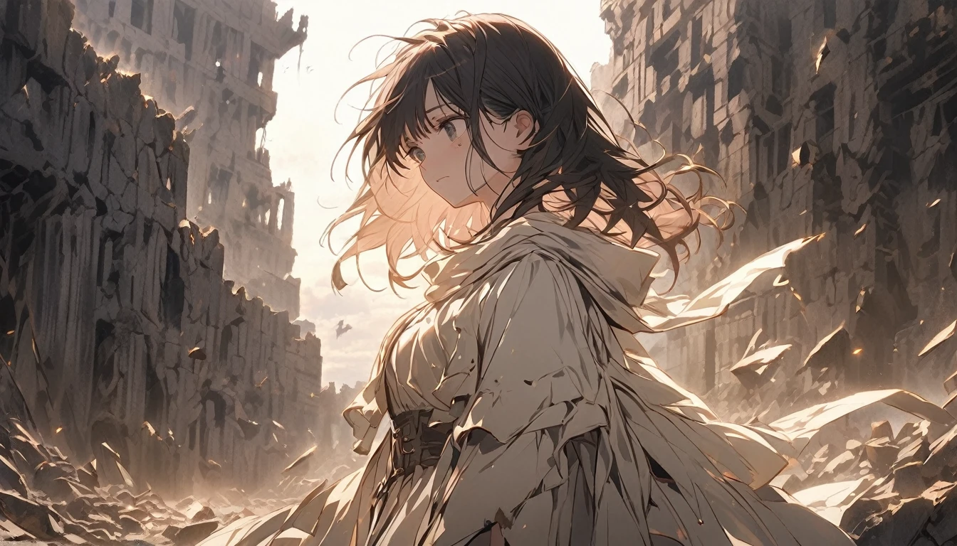 A somber yet empowering scene of a young woman standing alone in the middle of a ruined fortress at twilight, symbolizing her emotional state. The fortress is crumbling, with broken walls and debris scattered around, representing the fallen defenses and shattered dreams. The woman is in the process of picking up pieces of rubble, symbolizing the fragments of her broken heart. She has a determined expression on her face, indicating resilience and the will to rebuild. The sky is a mix of dark clouds and faint rays of light, symbolizing both the darkness of her past and the hope of a new beginning. The light subtly highlights the woman and the ruins, casting long shadows that add depth to the scene. The colors are muted but with hints of warm light breaking through, creating a contrast between the despair of the past and the hope of the future.