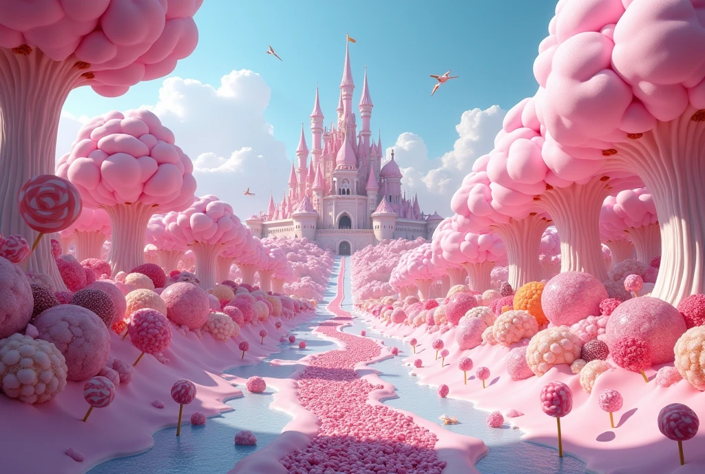 a candy land with lots of candy, candy forest, candy land, candyland, everything is made of candy, made of cotton candy, in a candy land style house, candy - coated, made of candy and lollipops, heaven pink, cotton candy, made of candy, heaven!!!!!!!!, cotton candy trees, lollipop flowers, hyperreal phantastic landscape, lots of candy land style houses, a big candy land style castle surrounded by a river made of chocolate, road made with candy buttons, Chewing Gum, candy cannes, lollypop candies all over the place