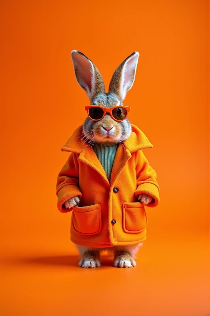 The best mobile wallpaper, Award-winning wallpaper, Portrait Photography, In front view is a portrait of a cute rabbit wearing 1960s mid-century space-age fashion, Side view shot, Shot with Canon EOS R5, Setting a stark contrast that accentuates the subject, Fluorescent orange shade, Wearing a very fashionable lounge coat and sunglasses are a hip 1960s style, Clothing all in one color, Beautiful background