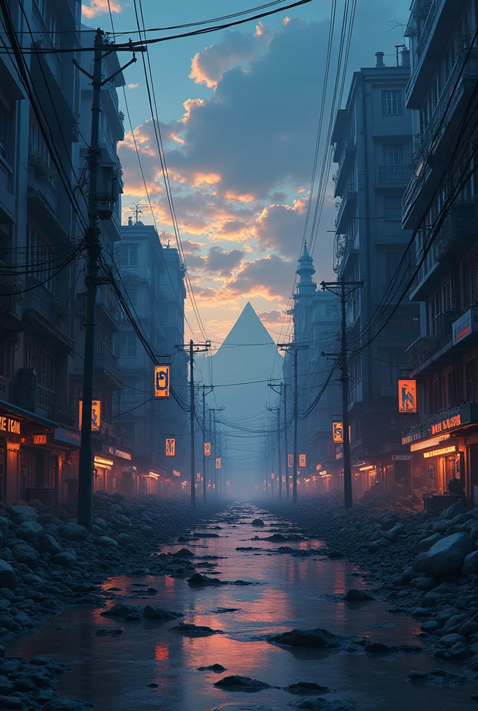 anime apocalyptic city background image,written New End in large letters