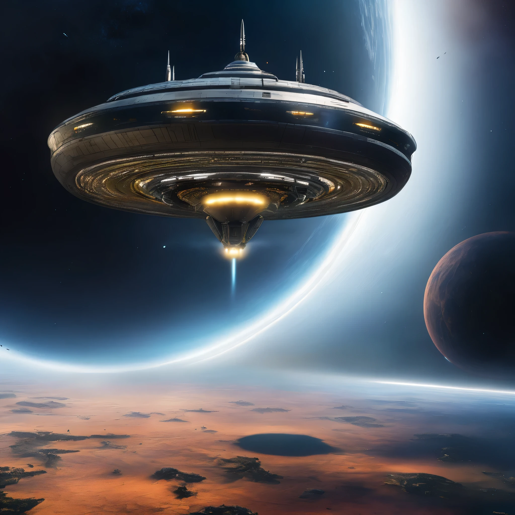 a starship approaching to a big planet in space