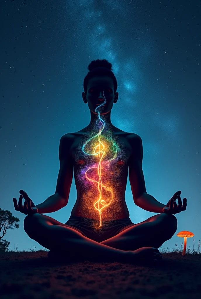 I would like the silhouette of a person in a state of meditation. A subtle light comes out of his chest, drawing the shape of the kundalini energy. The background of the image should be very calm, a very starry night. In the corner of the image, two beautiful mushrooms intertwined. These mushrooms are of many colors, evoking a psychedelic trip. These mushrooms should be in the corner of the image.