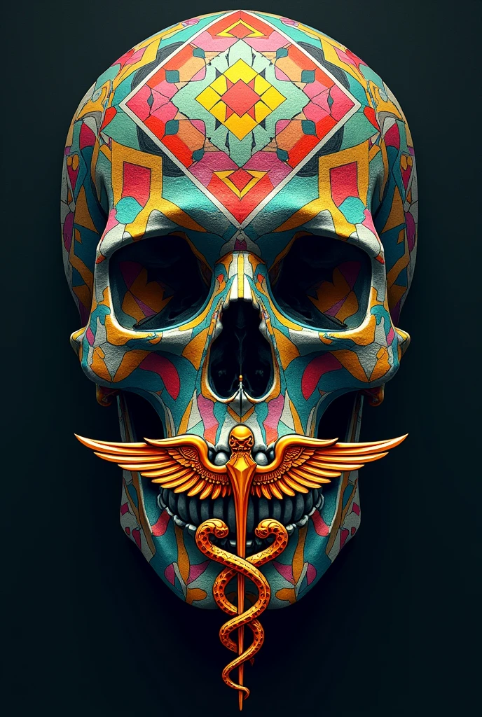 A tattoo with a mosaic skull, with a caduceus in front