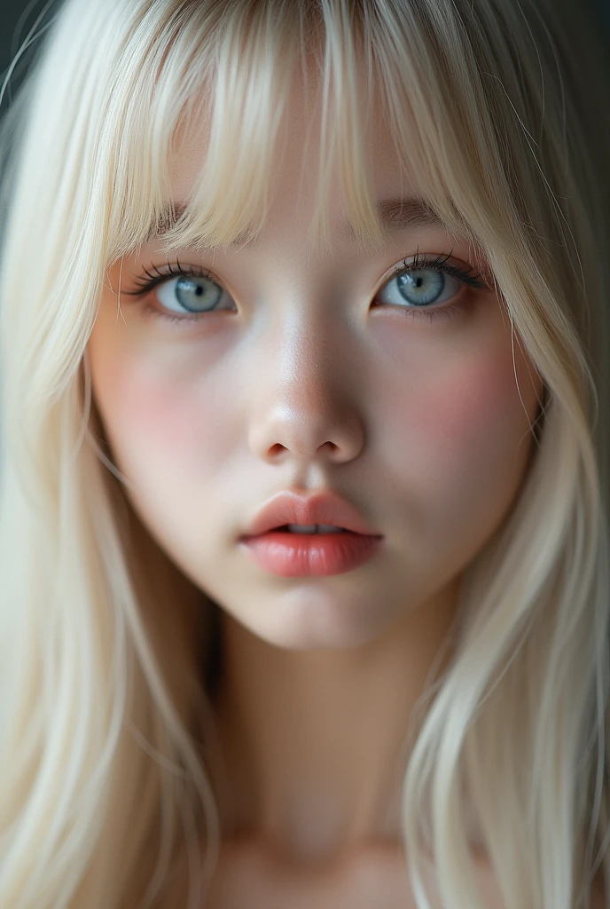 (a closeup:1.4)、(RAW shooting:1.2)、(Photorealsitic:1.4)、(​masterpiece:1.3)、(top-quality:1.4)、bright expression、extremely beautyful girl、Extraordinary beautiful girl、Detailed cute and beautiful face、Beautiful bangs、Glowing white shiny skin、facial hairs、Bangs that extend to the face、Bangs between the eyes、Super long hair、Attractive light and dark platinum blonde super long straight silky hainer hair、Attractive glowing beautiful bright clear light blue big eyes、Luxurious dresses、Double eyelids、Lush bust、The upper part of the body、