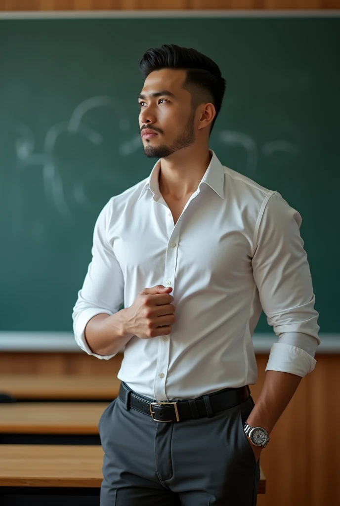 Vietnamese man, 35 years old, teacher,Handsome and elegant, Wearing a  uniform, sexy , Masculine and handsome，musculous，Muscles look good, with fair skin,, Full body photo,(ultra-detailed, photorealistic, best quality, 4k, 8k, highres, masterpiece:1.3), a mature man, charming and distinguished , (muscular build body), wearing tailored shiny  dress shirt, , perfectly fitted charcoal trousers, sweat, unbutton buttons shirt, lewd face ,tight chest, sex,See-through shirt, erotic, horny, , Accessories include a luxury wristwatch, in the Classroom‎,looking at viewer,muscle veins,no underwear ,Tight shirt makes muscle,unbutton,six pack,take off your shirt,