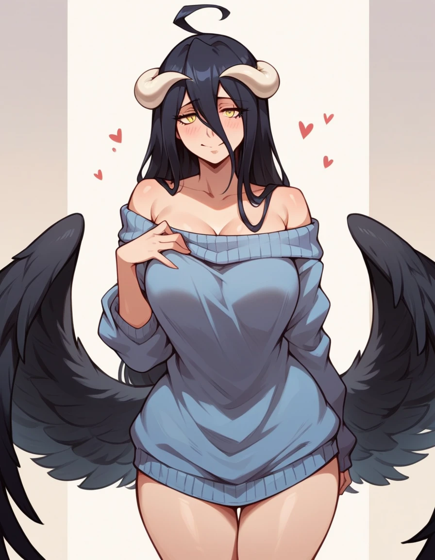 Albedo_overlord,black hair,curvy body,medium breast,big hips, wearing oversized sweater only, background removed,nsfw.