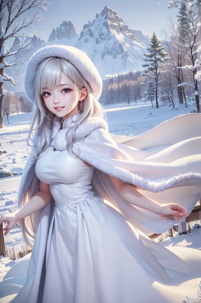 masterpiece、Highest quality、1 girl, winter, platinum blonde hair, Cute girl, smile, close mouse, medium breasts, sideboob:1.2, white dress, winter clothes, long skirt, Fur coat、Small waist、Thin legs、outdoors, front of the lake, snow falling, Prayer Pose, join hands, from backside:1.5