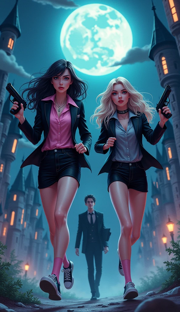 Two girls, "The first girl wear a black suit, pink shirt, black pencil skirt, black underpants, pink socks, white sneakers, holding a uzi handgun" and "The second girl wear a black suit, grey shirt, black pencil skirt, black underpants, grey socks, white sneakers, holding a handguns", run to the vampire, the night castle, fantasic night sky, moon, novel cartoon, 4K, HD