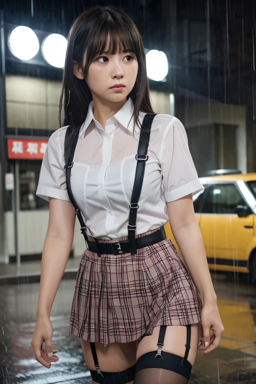 1 female, , high quality, masterpiece, Ultra-high resolution, Cinema Lighting, 1 female, , high quality, masterpiece, Ultra-high resolution, , Cinema Lighting, suspenders　　　Moderate breasts　 　 　　　　　 　　　　Small face　 　　　　　　　　　　　Looking up　　　　Sweat 　　　Thin belt　buzzer　脇Sweat 　　　　 　garter belt　　Belt on pants　　holster　 　　Hands behind your back　 　Looking up　Anxious face　Knee-high　Knee socks　Knee-highソックス 　garter　ふとももにgarter belt　Checkered mini skirt　 　　Panty shot　Skirt gap Armament　　　holster　holster 　　Hands behind your back　 Anxious expression　　Anxious face, legs apart　Armament　　Leg Holster　holster　See-through clothing　heavy rain　Rain-soaked dress shirt,Moderate breasts　ガーターbelt　suspenders　Garter on the thigh　Checkered mini skirt　Looking up　Pause　belt　Armpit sweat　Hands behind back　Raise your hands
