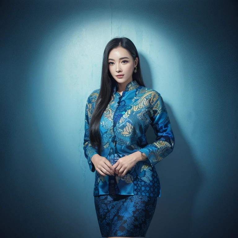 (masterpiece), (best quality), (digital painting), wide shot angle, 1 beautiful woman, thick eyebrows, curled eyelashes, facial details, long hair, Huge breasts, ((bluebatik shirt, silk cloth_pattern)), repeating pattern design, blue short skirt, hips, background, shop street, highly detailed, intricate, 8k octane rendering